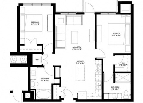 Floor plan for 2 beds, 2 baths, 1023 sqft